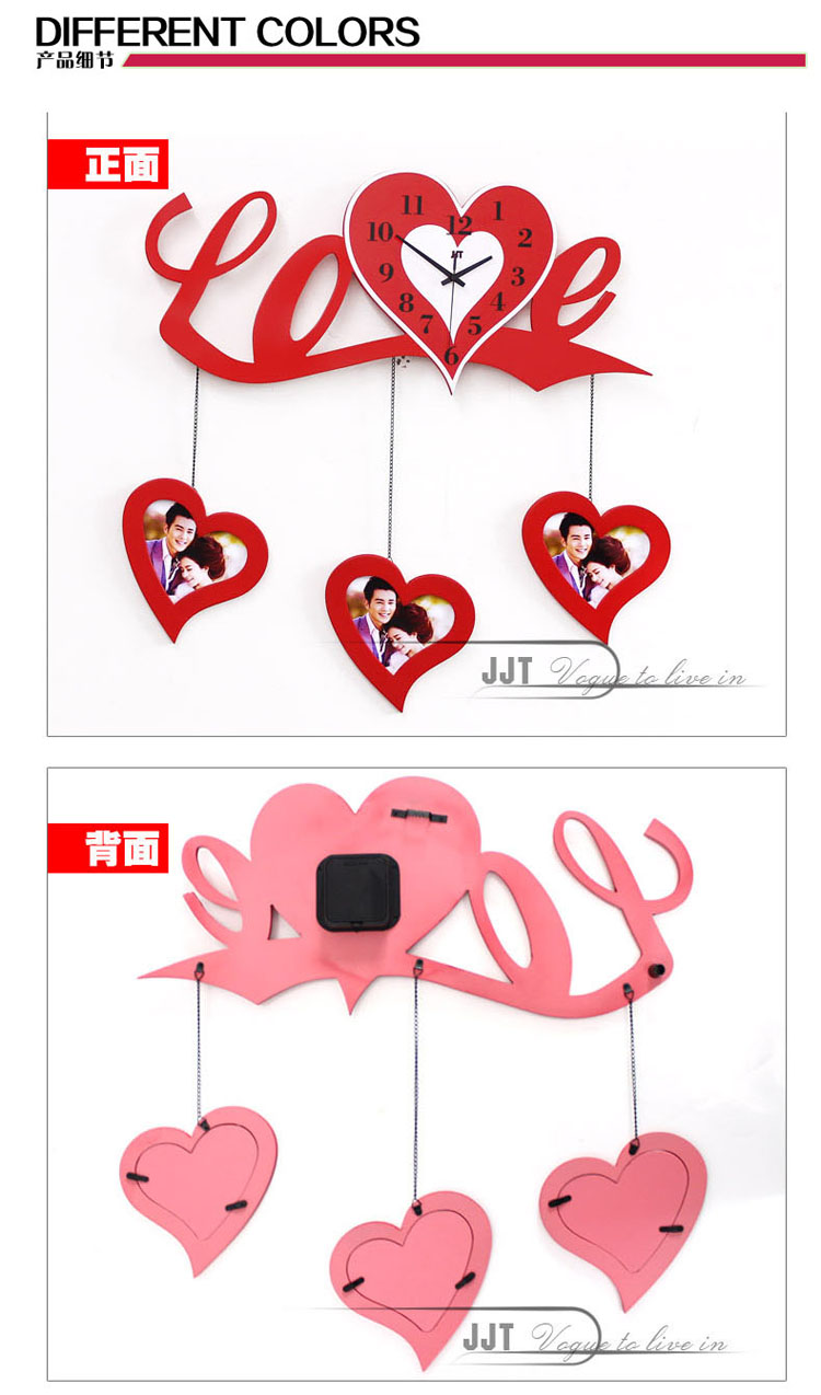 
                                        久久达韩式浪漫LOVE相框挂钟现代时尚创意客厅大号挂钟静音钟表JT9003 JT9003红色                