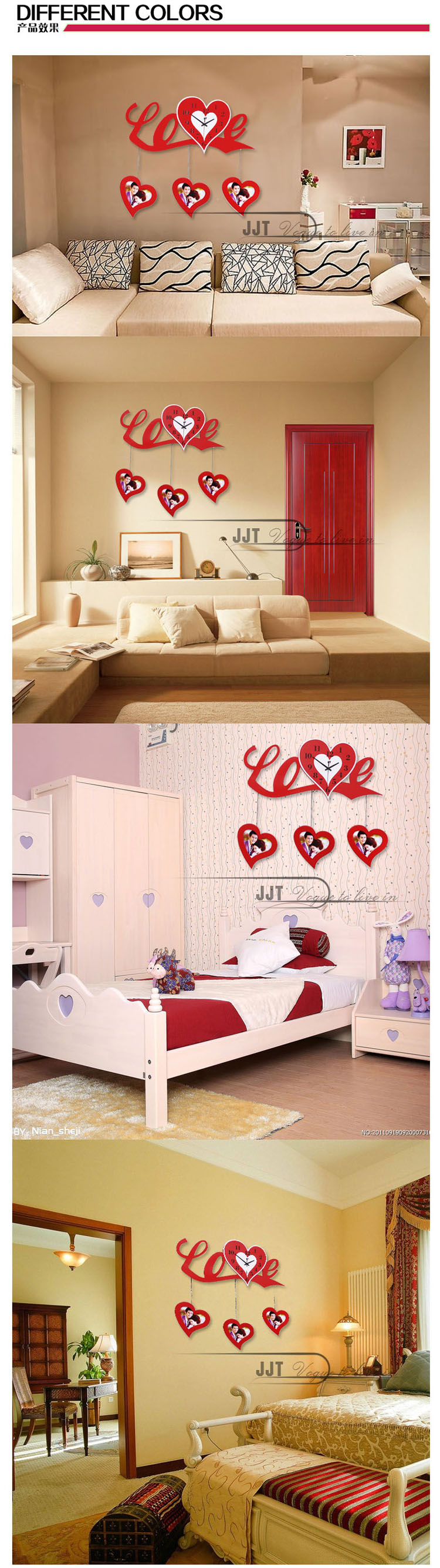 
                                        久久达韩式浪漫LOVE相框挂钟现代时尚创意客厅大号挂钟静音钟表JT9003 JT9003红色                