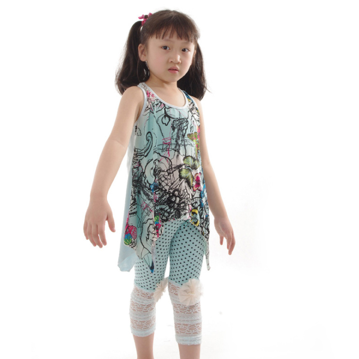 南瓜布丁 女童装 夏季纯棉套装 甜美蕾丝边装饰