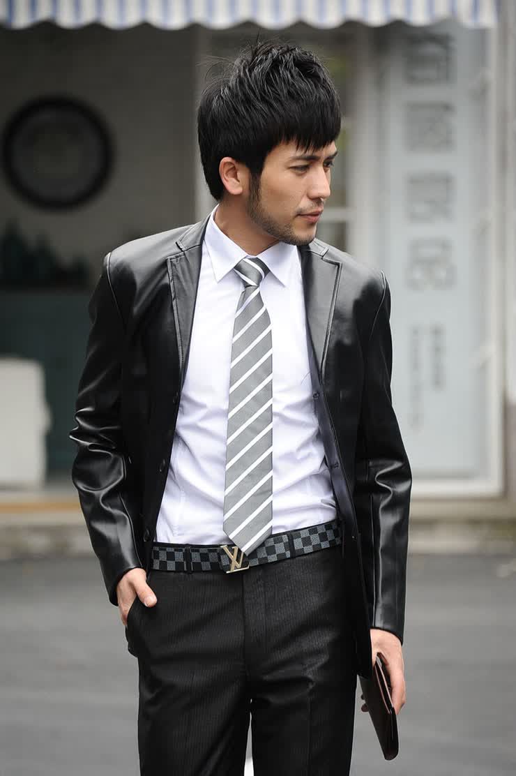 HY韩版<em>男士</em>皮夹克 <em>外套西装</em>领<em>皮衣</em> <em>西服外套</em> 咖