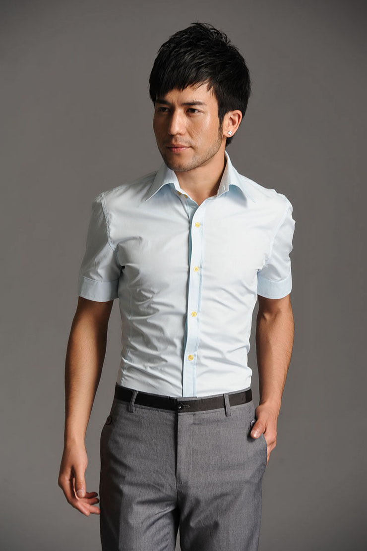 HY韩版休闲商务衬衫 夏季男士衬衫 纯色短袖衬