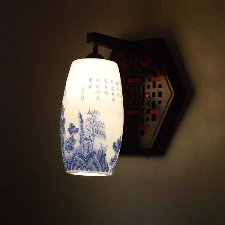 CEAKA 实木古典中式 陶瓷装饰灯 卧室灯 玄关灯 薄胎壁灯 六边福字山水 BD01