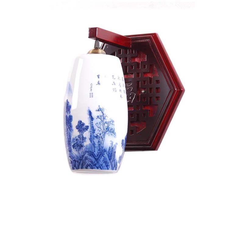CEAKA 实木古典中式 陶瓷装饰灯 卧室灯 玄关灯 薄胎壁灯 六边福字山水 BD01