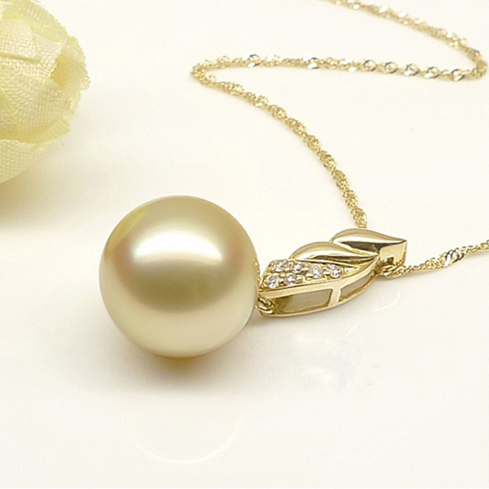 洋大溪地金粉珍珠 18K金钻石吊坠 配银项链(附