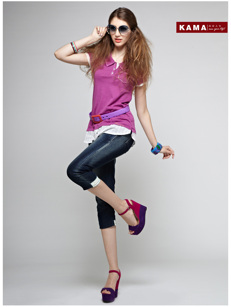 KAMA卡玛 女士假两件套翻领T恤6205631(退仓