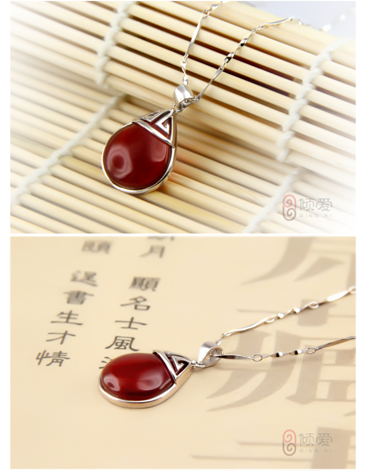 倾爱原创新品 925纯银项链 <em>胭脂扣</em>吊坠 <em>女</em> 红玛