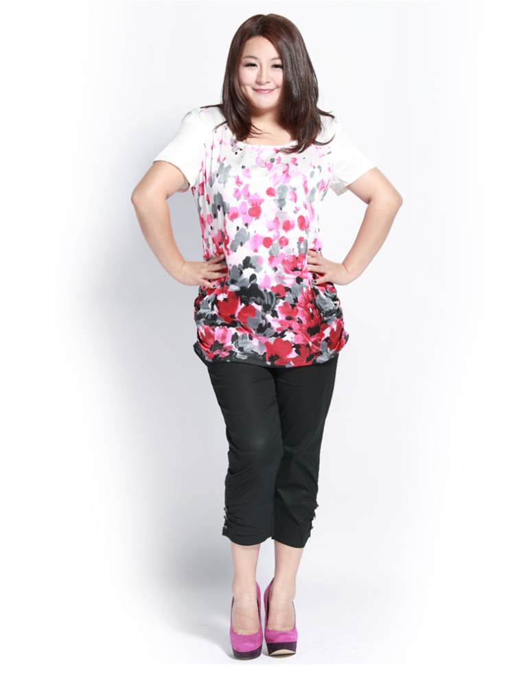 SHE大码女装2012夏装新品雪纺宽松印花T恤半