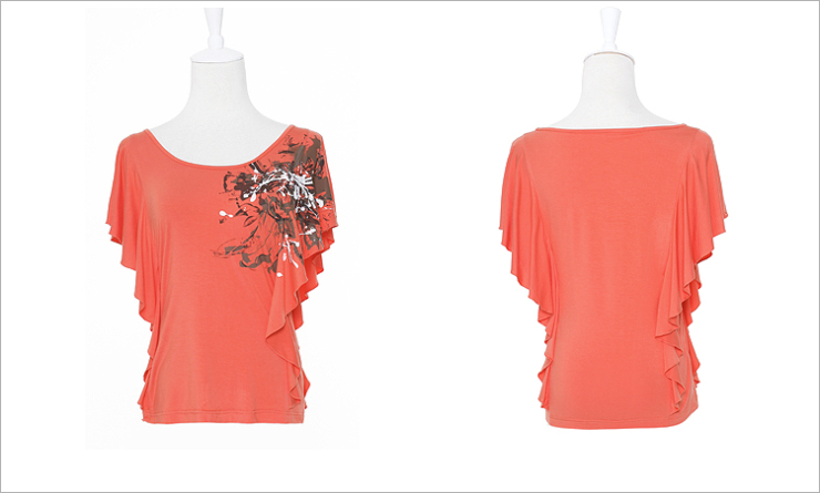 艾唯都韩圆领印花短袖荷叶袖T恤女夏上衣t蝙蝠