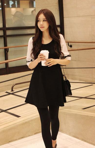 淑女阁 2013年新品灯笼袖黑白娃娃衫雪纺连衣裙｜SN12-1259A 黑色