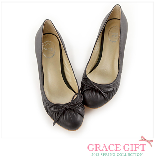 grace gift2012秋季新款蝴蝶结抓皱气质单鞋时尚高跟女鞋181-117 杏漆