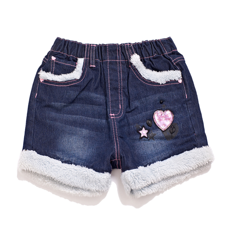 三点水童装 <em>冬</em>款 <em>女童</em>时尚百搭 裤边有毛 牛仔短