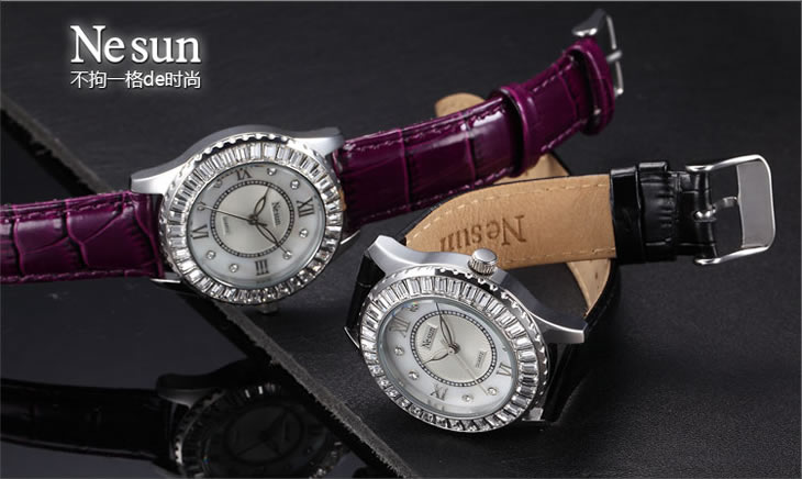 NESUN尼尚女士石英时尚手表\/真皮表带\/施华洛