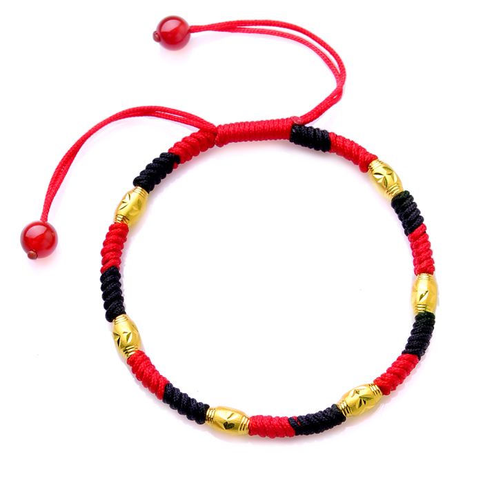 伊生缘 999千足金黄金转运珠红绳手链 路路通