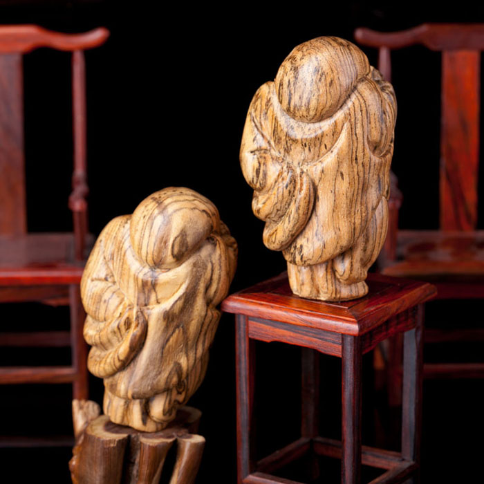 沐恩 印尼虎斑沉香木雕件 弥勒笑佛手把件 珍品