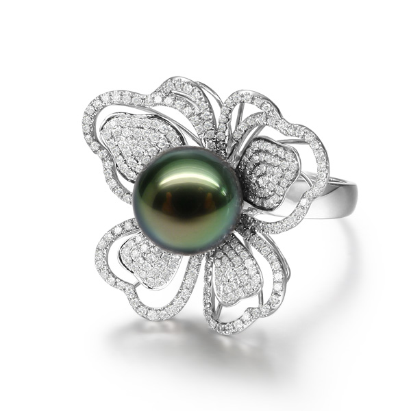 米莱 10.7mm大溪地黑珍珠戒指 14K白金钻戒