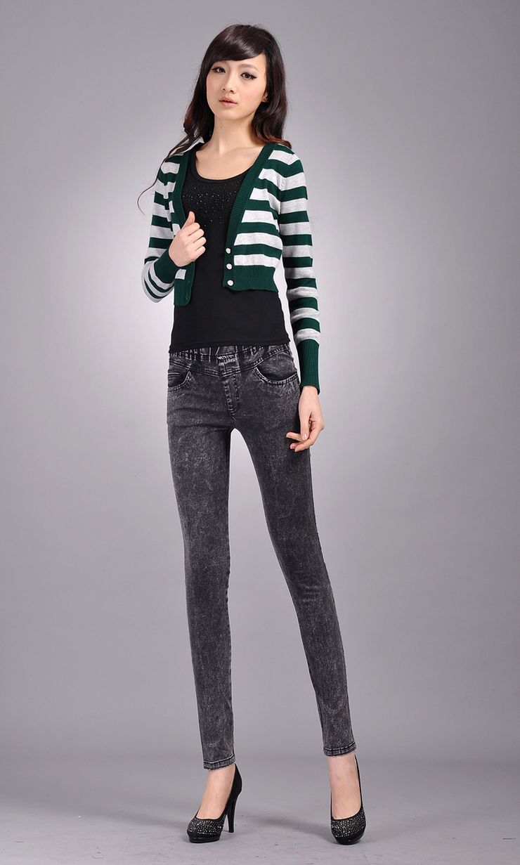 kdi 秋冬新款韩版糖果色雪花铅笔裤小脚裤 弹性