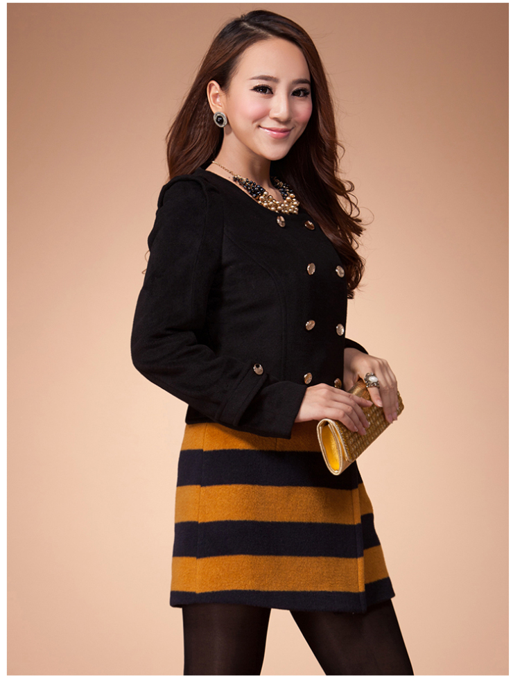 衣香丽影2012秋冬装新款 英伦宽条纹拼接双排