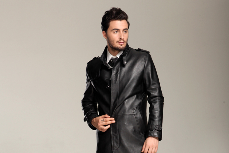 BILIJEAN比利珍男式真皮绵羊皮立领中长款航