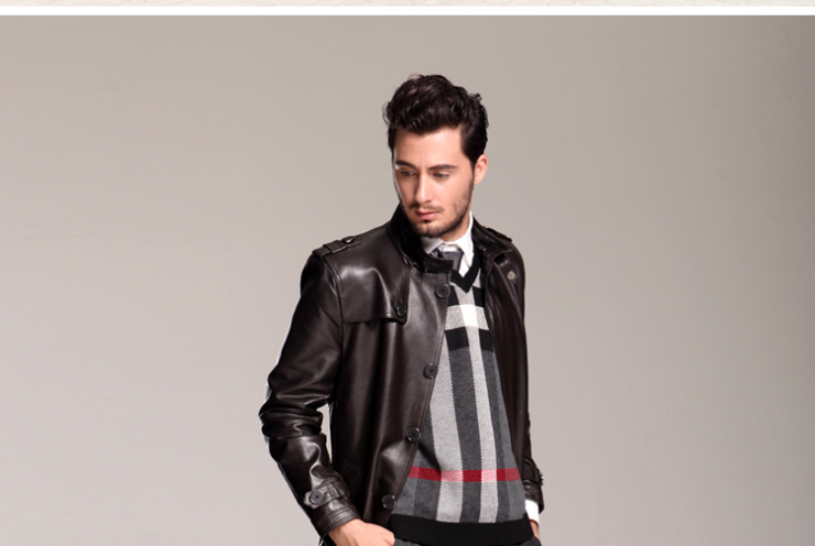 BILIJEAN比利珍男式真皮绵羊皮立领中长款航