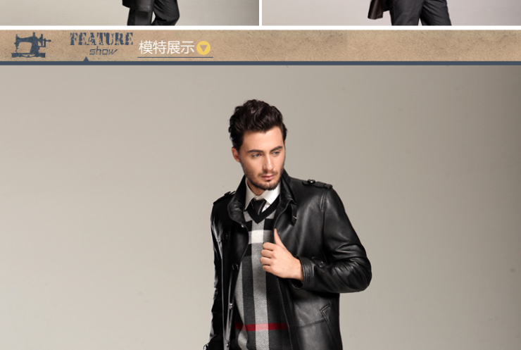 BILIJEAN比利珍男式真皮绵羊皮立领中长款航