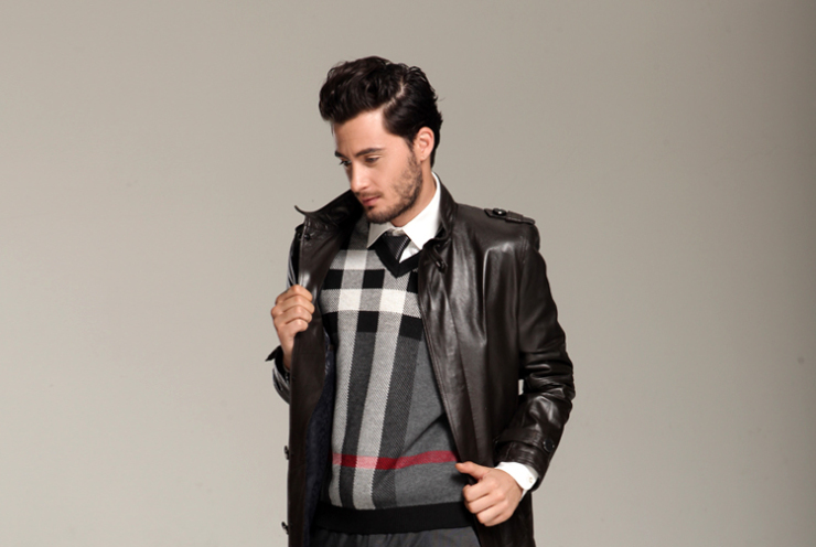 BILIJEAN比利珍男式真皮绵羊皮立领中长款航