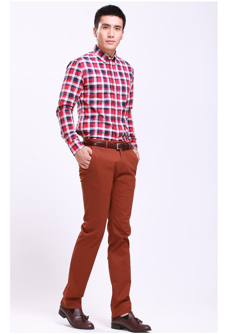 ziozia新款纯棉格子修身男士长袖衬衫AS3W50