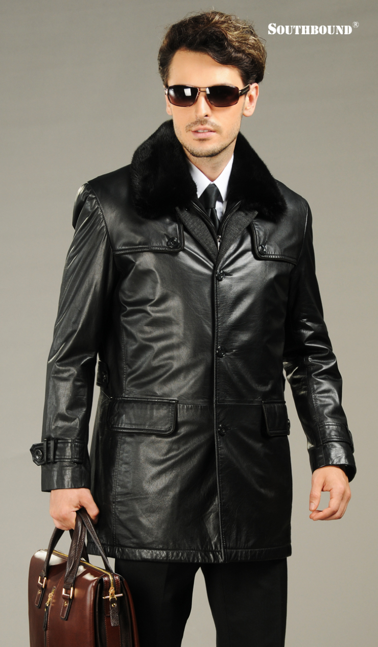 海宁皮衣 真皮皮衣男 胎牛皮水貂毛领獭兔剪绒