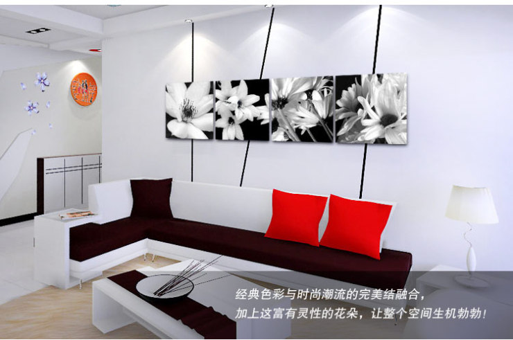 梵格 绽放 现代简约黑白客厅装饰画四联 沙发背