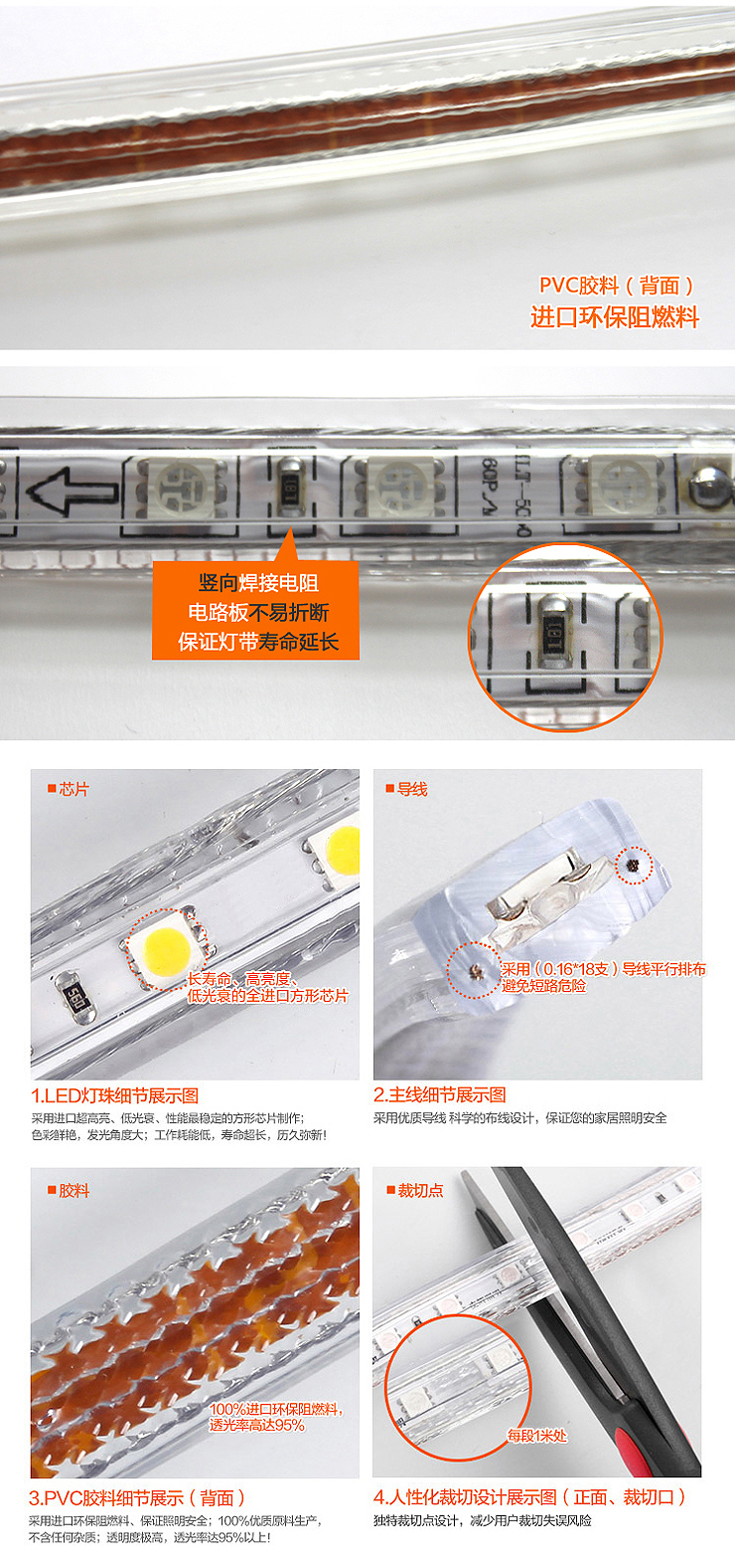 弗森 灯带超高亮贴片5050/60P 220V暗槽灯条14w 1米/件 暖白