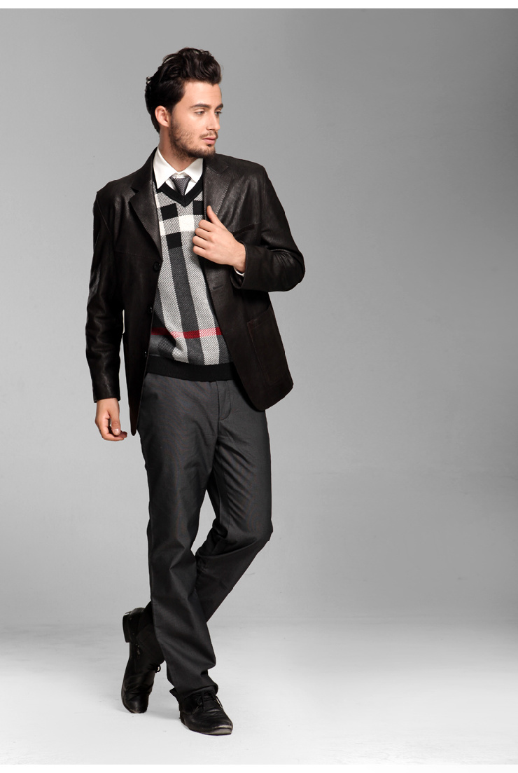 BILIJEAN比利珍高端男装进口绵羊皮牙签纹男