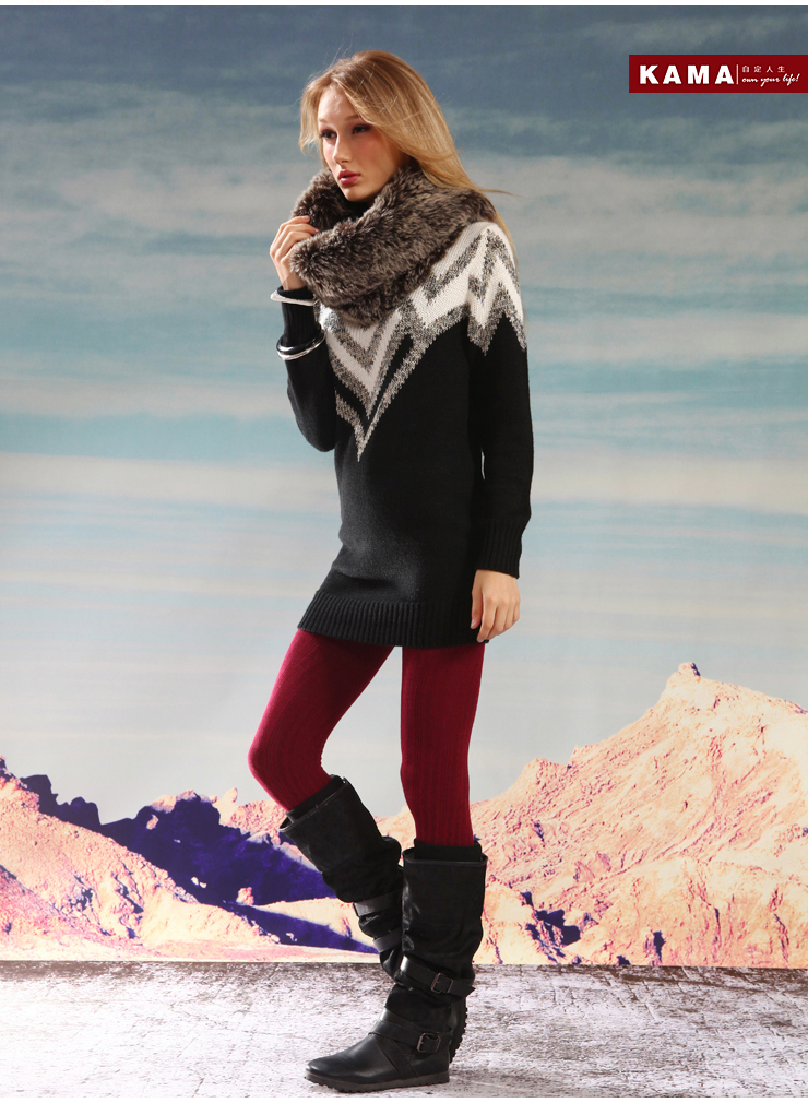 KAMA 女士黑白条纹中长款休闲<em>毛衣</em>7412470