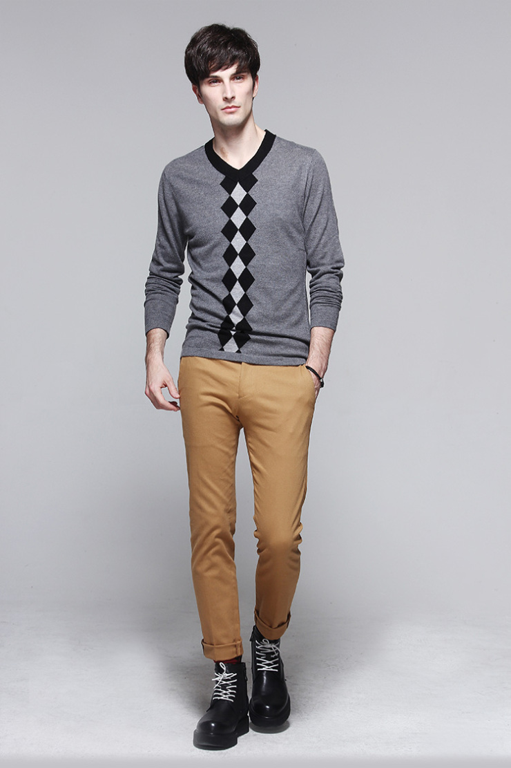 HEERGOOS赫斐托斯 男士潮流百搭拼色方格V