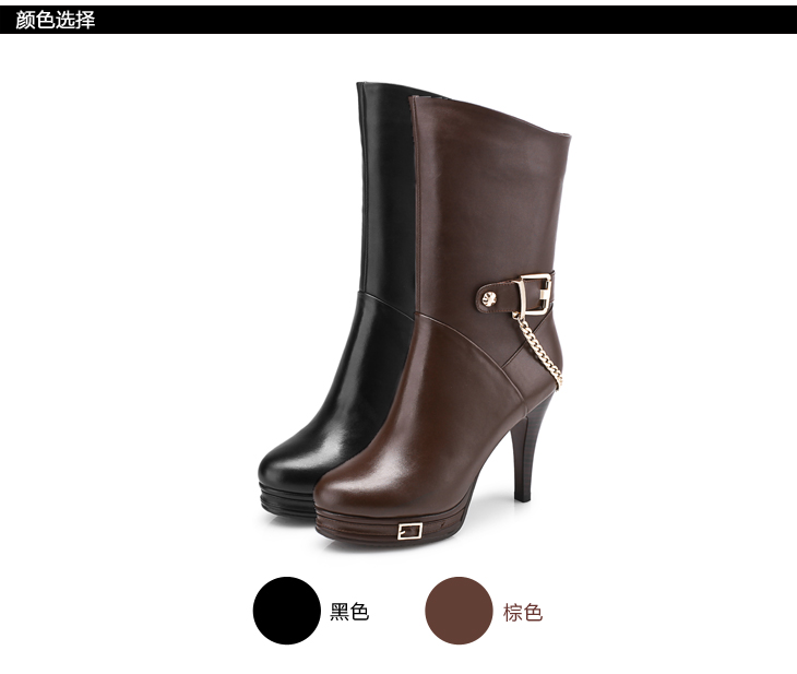 红蜻蜓 真皮防水台侧拉链高跟中筒女靴WFC2