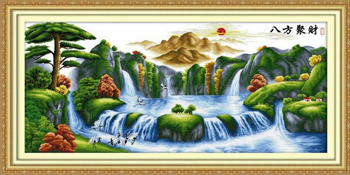 
                                        绣美人百分百精准印花布十字绣八方聚财聚宝盆迎客松山水风景2米大画图                