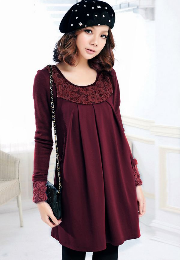 昕蓝大码--2012秋装新款假两件圆领蕾丝边拼接