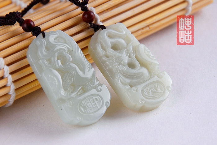 坤皓 和田玉 青白玉 心心相印龙凤配 挂件 吊坠