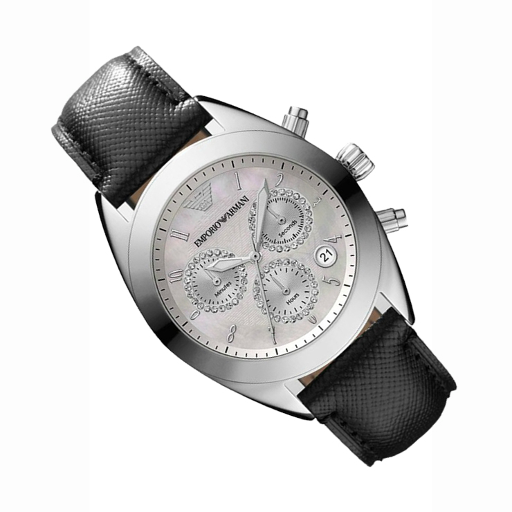 阿玛尼新款镶钻深海贝壳表盘皮带圆盘女表 皮