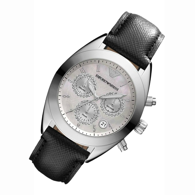 阿玛尼新款镶钻深海贝壳表盘皮带圆盘女表 皮