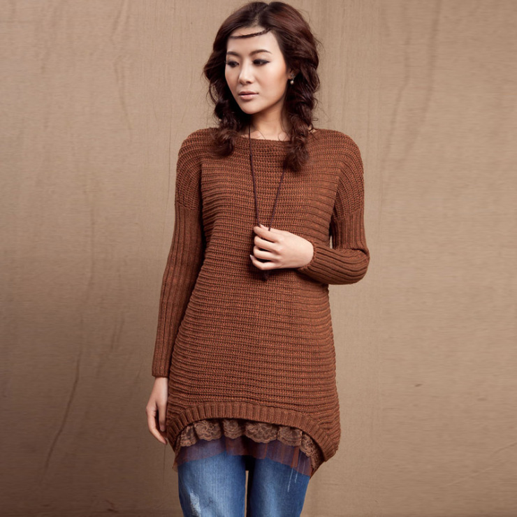 初念 2012秋冬新款 韩版蕾丝边宽松中长款毛衣