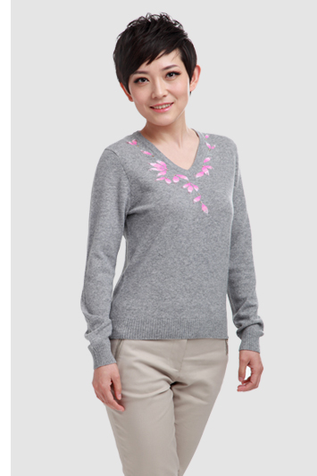 Snow-Lotus\/雪莲 女装V领提花羊绒衫 长袖女士