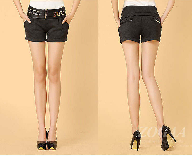 ZOGAA<em>冬装</em>新品加厚加绒PU皮拼接<em>短裤女松紧</em>