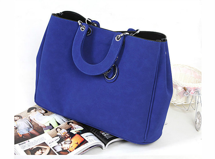 ISHE爱希 韩国复古反绒皮女包 手提包三用包 蓝