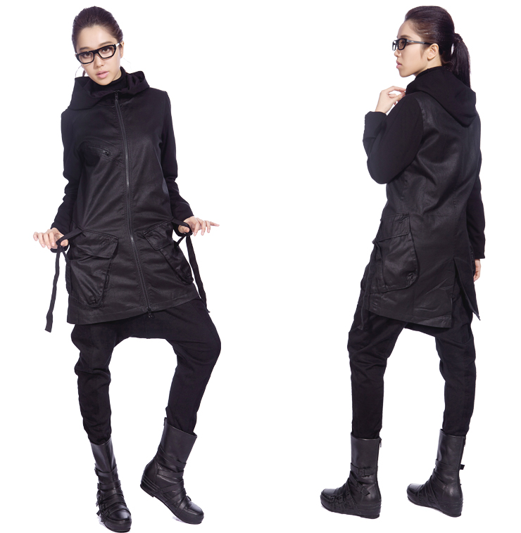 odbo欧宝 2012秋冬新款 长款连帽风衣女袖拼接