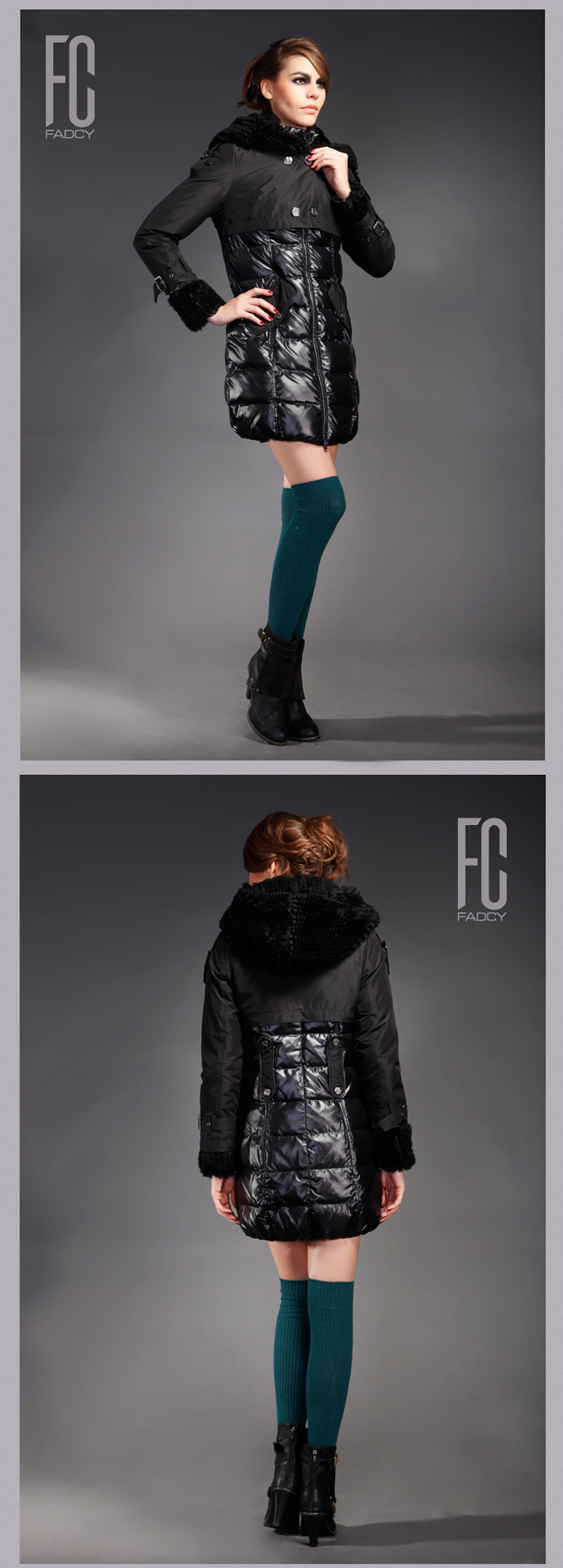 法迪羽绒服女2012秋冬新款修身花边时尚女中