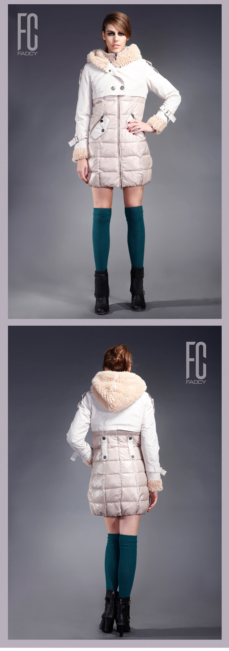 法迪羽绒服女2012秋冬新款修身花边时尚女中