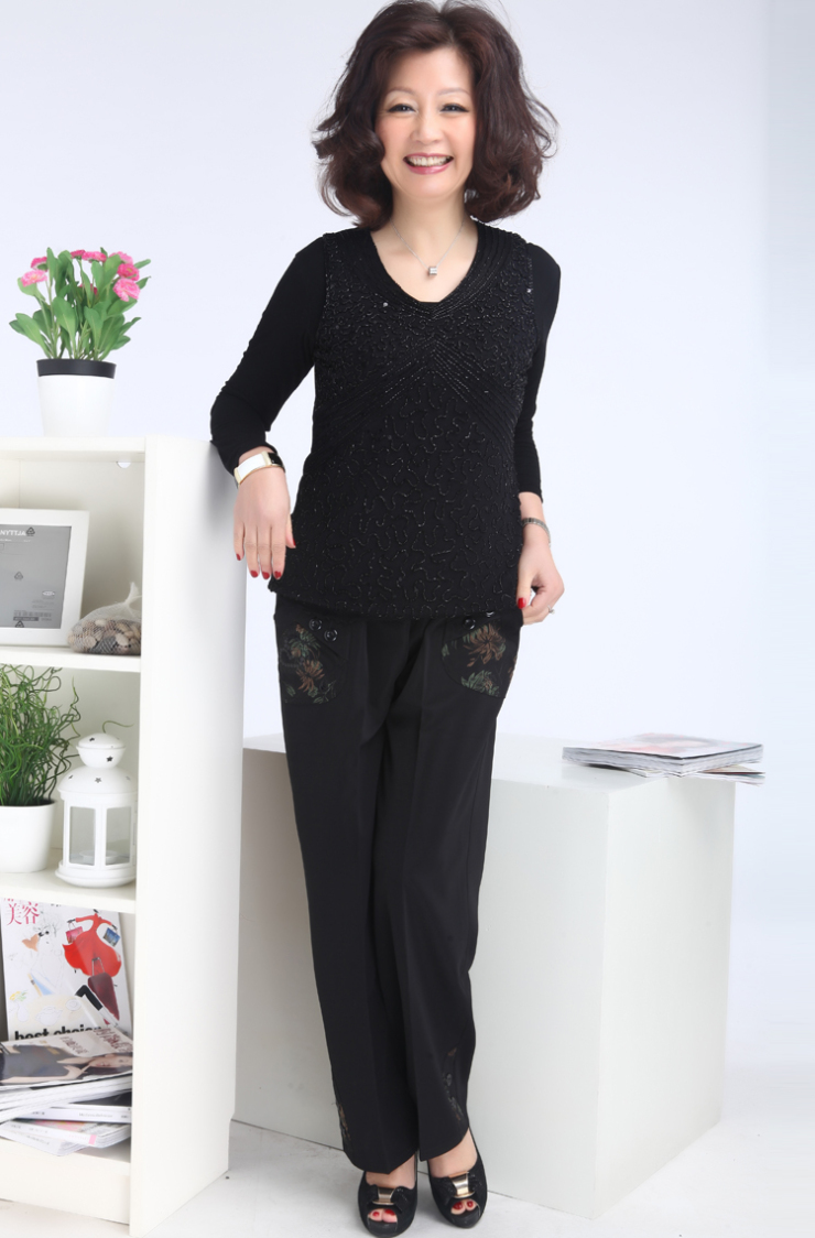 乐卡索 中年女装夏装加大码妈妈装中老年直筒休闲长裤子 kpq506k