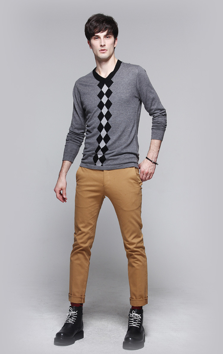 HEERGOOS赫斐托斯 男士潮流百搭拼色方格V