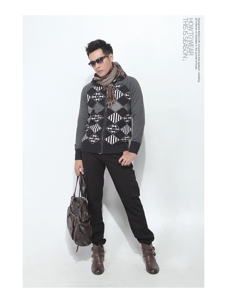 MIX2 2012秋季男士时尚<em>开衫带帽菱形</em>图案休闲