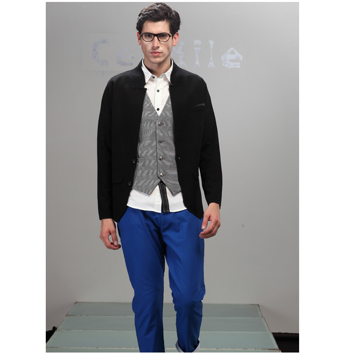 圣迪勒新款<em>西装</em>式<em>V领男士针织开衫</em> 黑色 M 【