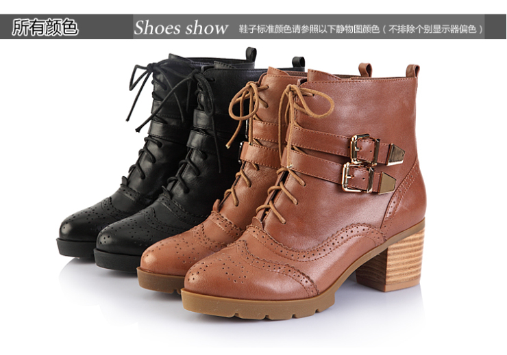 柯玛妮克真皮女鞋子 粗高跟<em>女靴</em> <em>布洛克</em>镂空雕